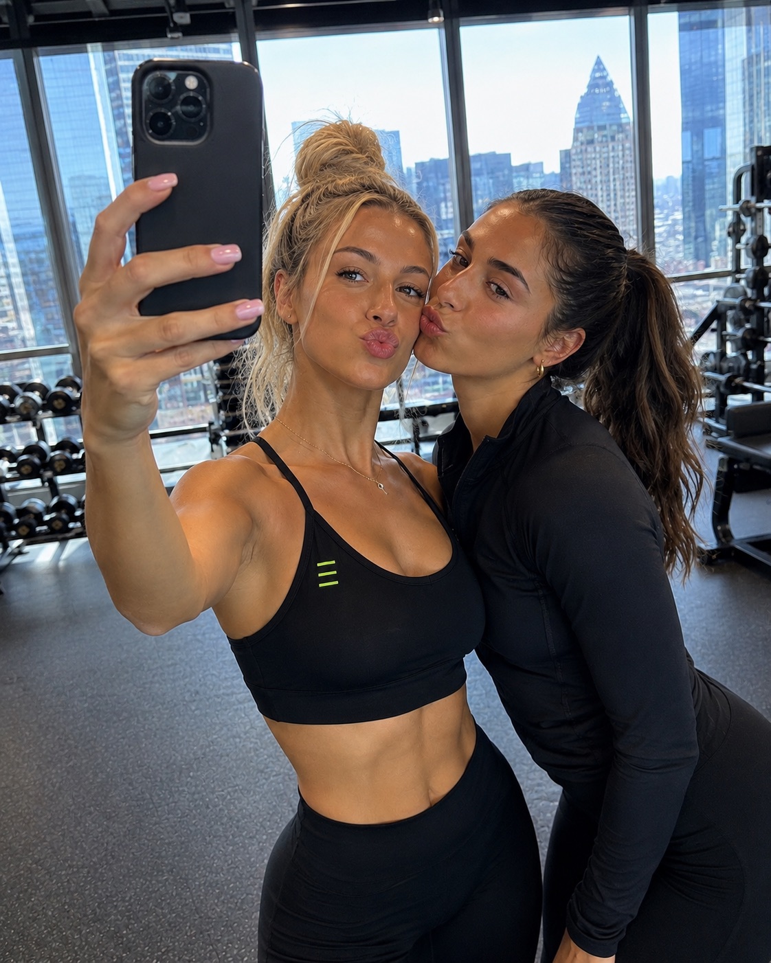 Two athletes wearing STATE training gear in a city gym