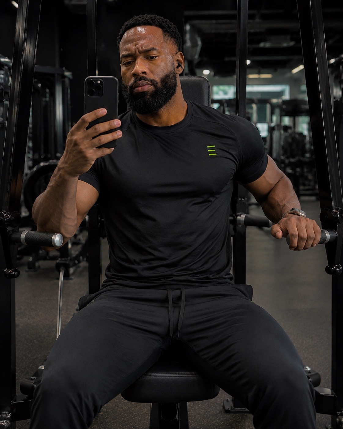 Athlete in a black STATE tee taking a gym mirror selfie