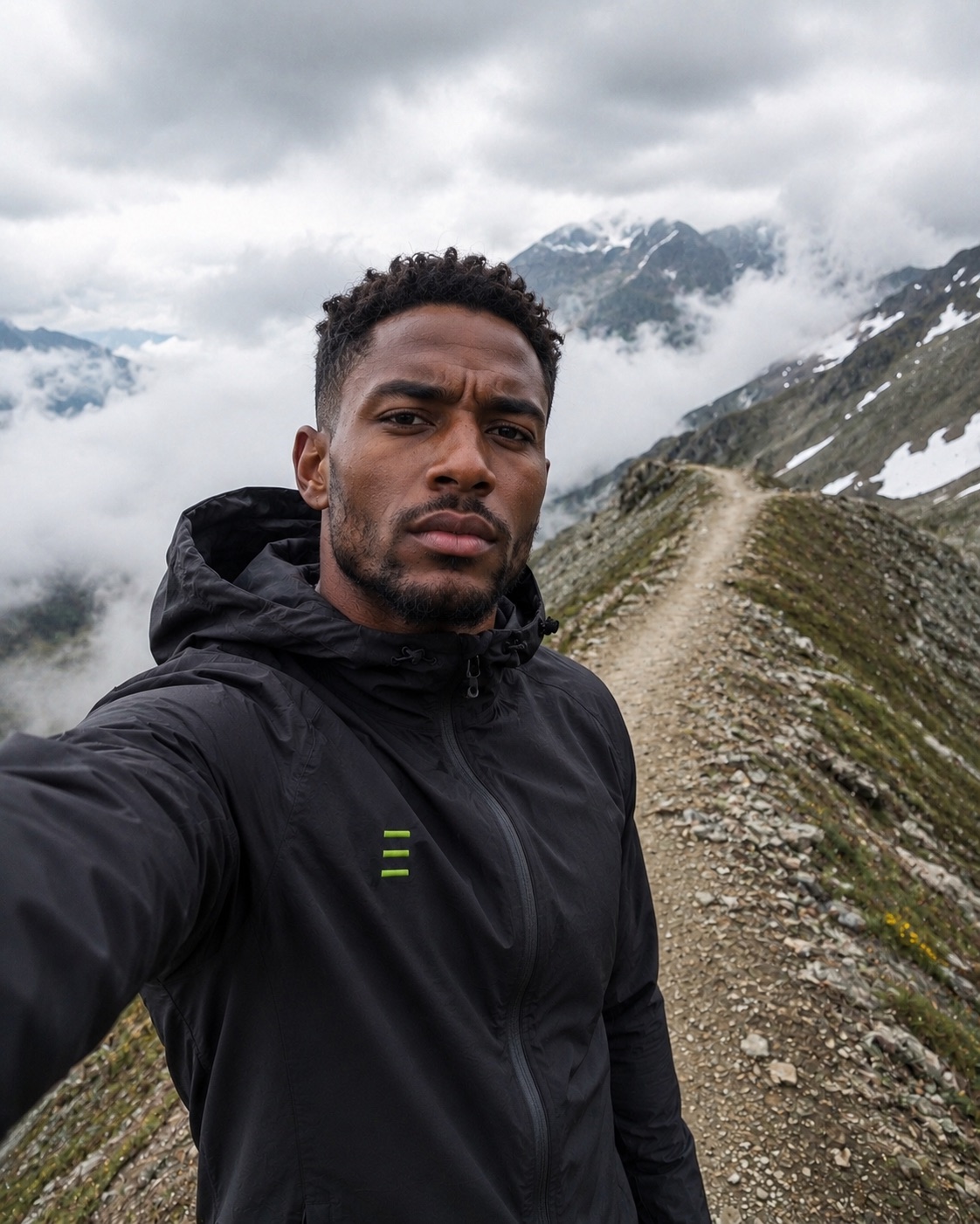 Athlete wearing a black STATE shell jacket on a mountain ridge